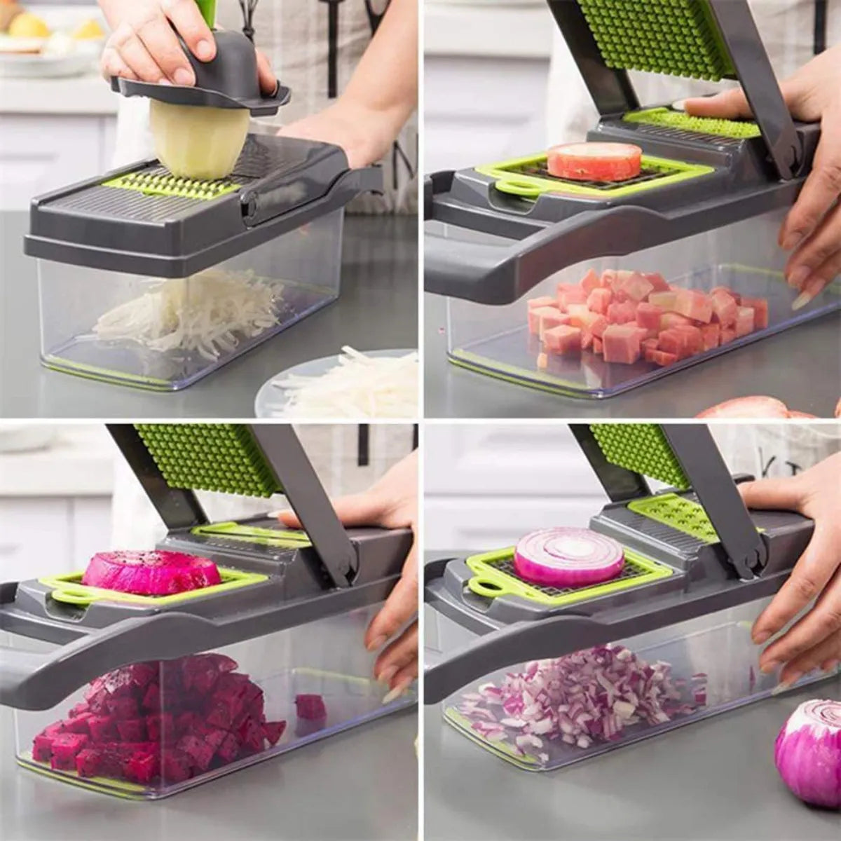 "Slicing onions and dicing carrots using a multifunctional kitchen vegetable slicer"